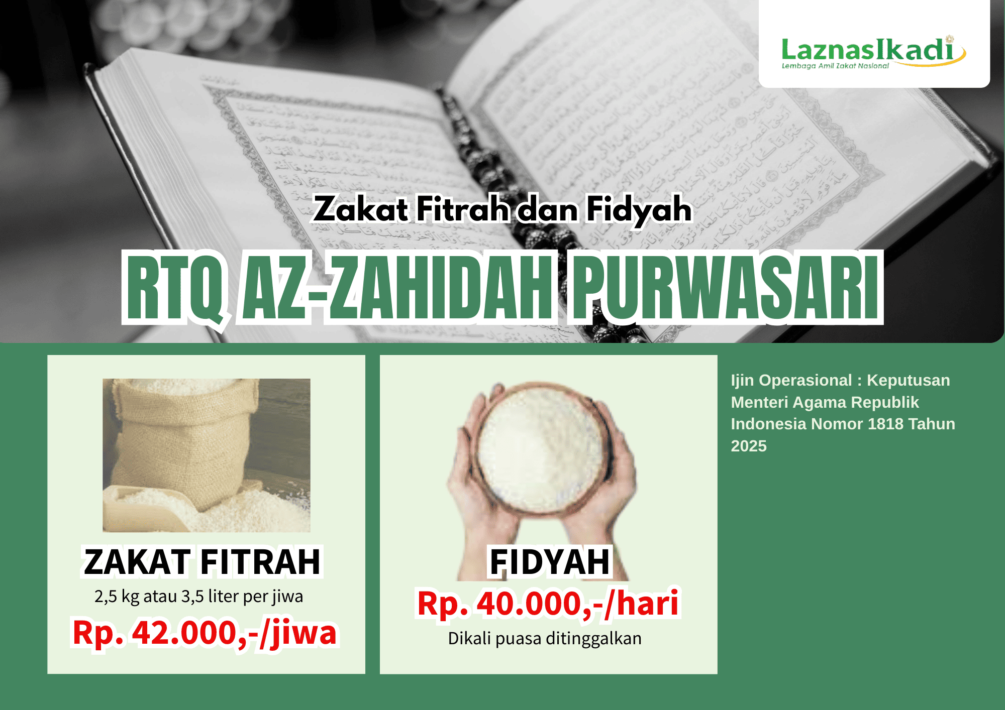 Zakat Fitrah dan Fidyah RTQ Az Zahidah